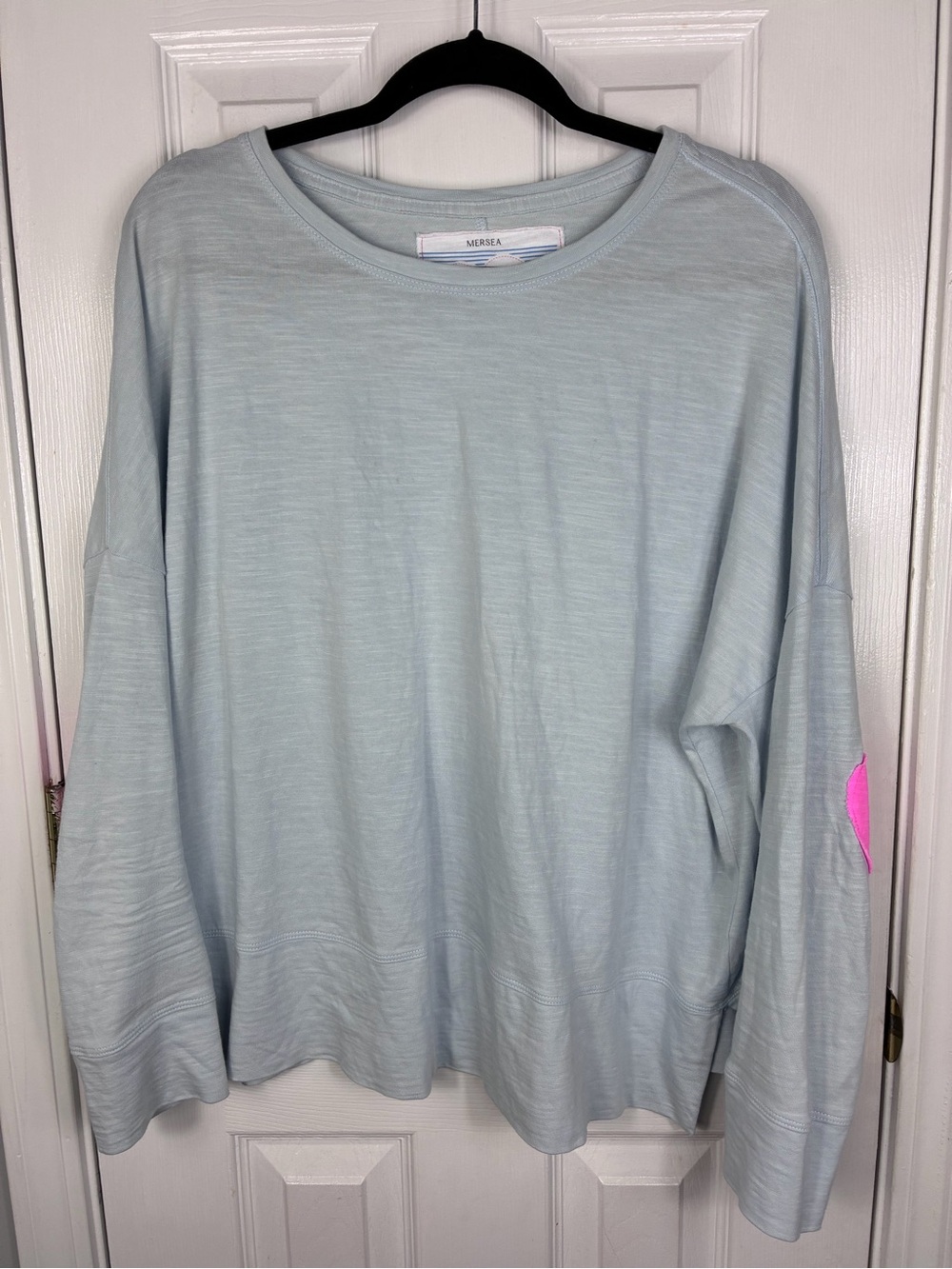 Mersea Light Blue Long Sleeve Cotton Women's Top with Pink Elbow Accent One Size
